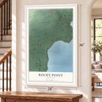 Rocky Point, Montana map, 24 x 36 inch print in a white frame by a staircase