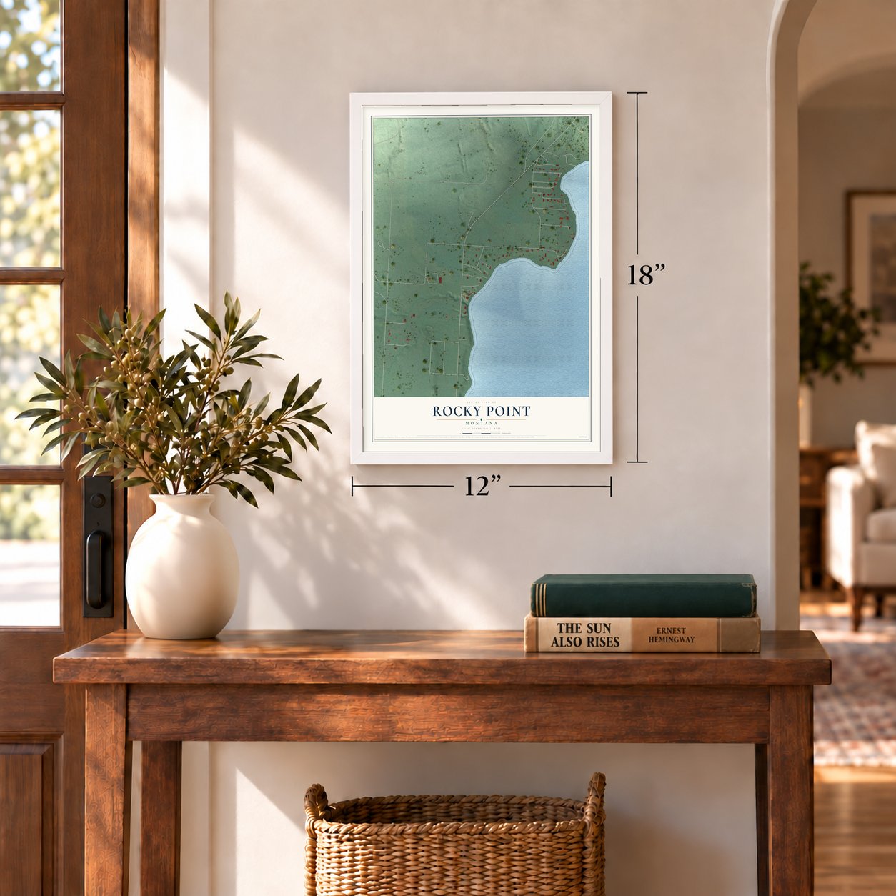 Rocky Point, Montana map, 12 x 18 inch print in a white frame in an entryway