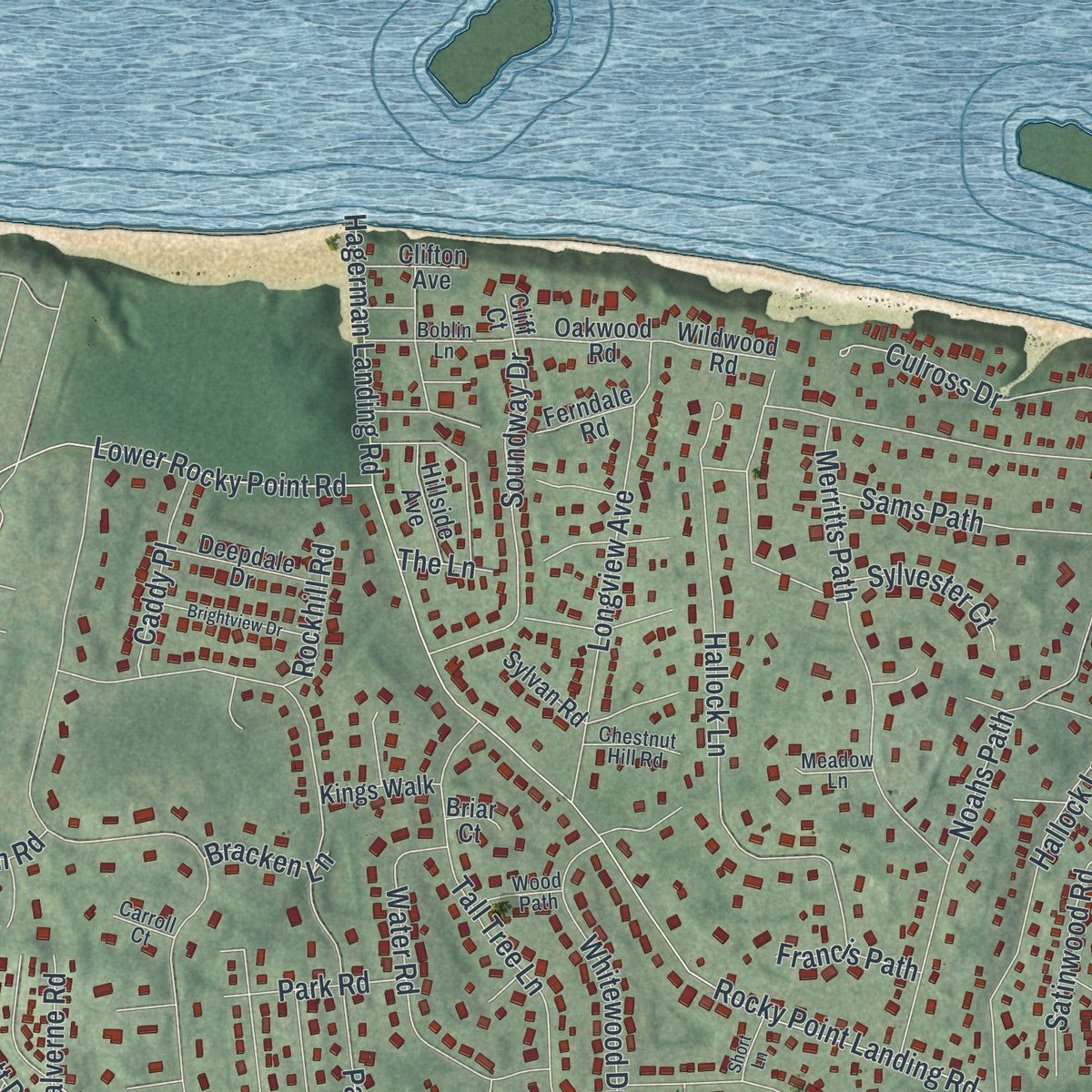 Second close-up of the map of Rocky Point, New York print showing more streets and buildings