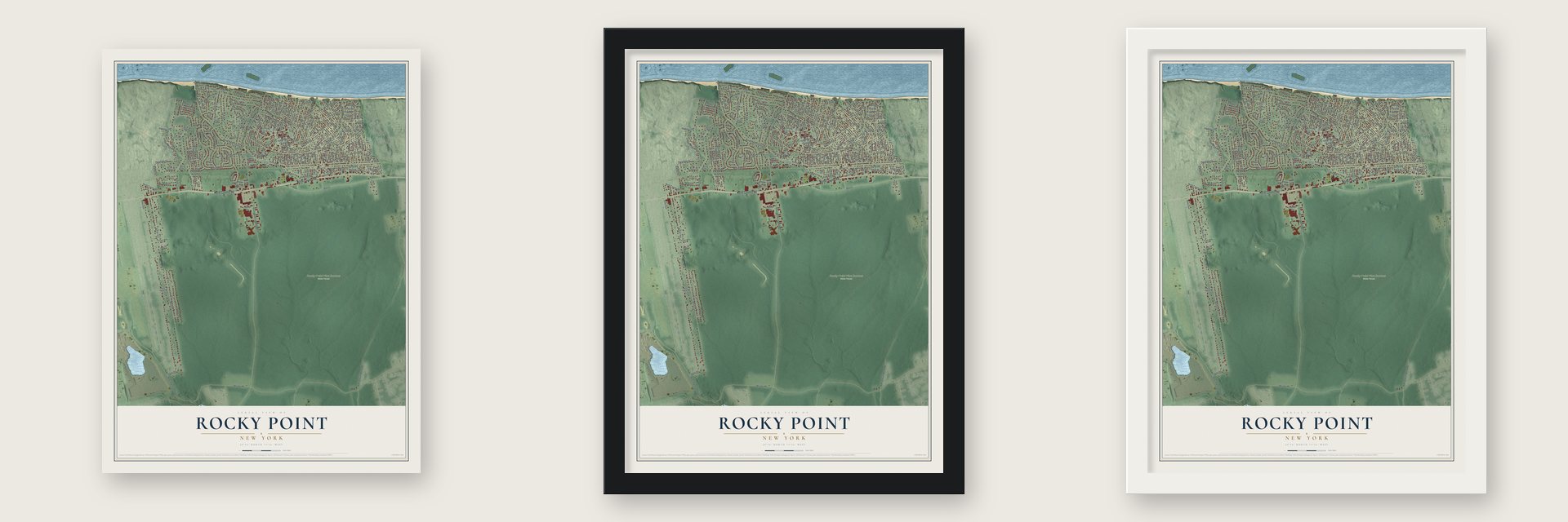 Rocky Point, New York map unframed, in a black wood frame and in a white wood frame