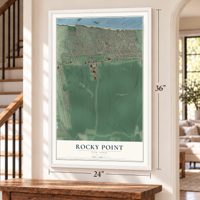 Rocky Point, New York map, 24 x 36 inch print in a white frame by a staircase