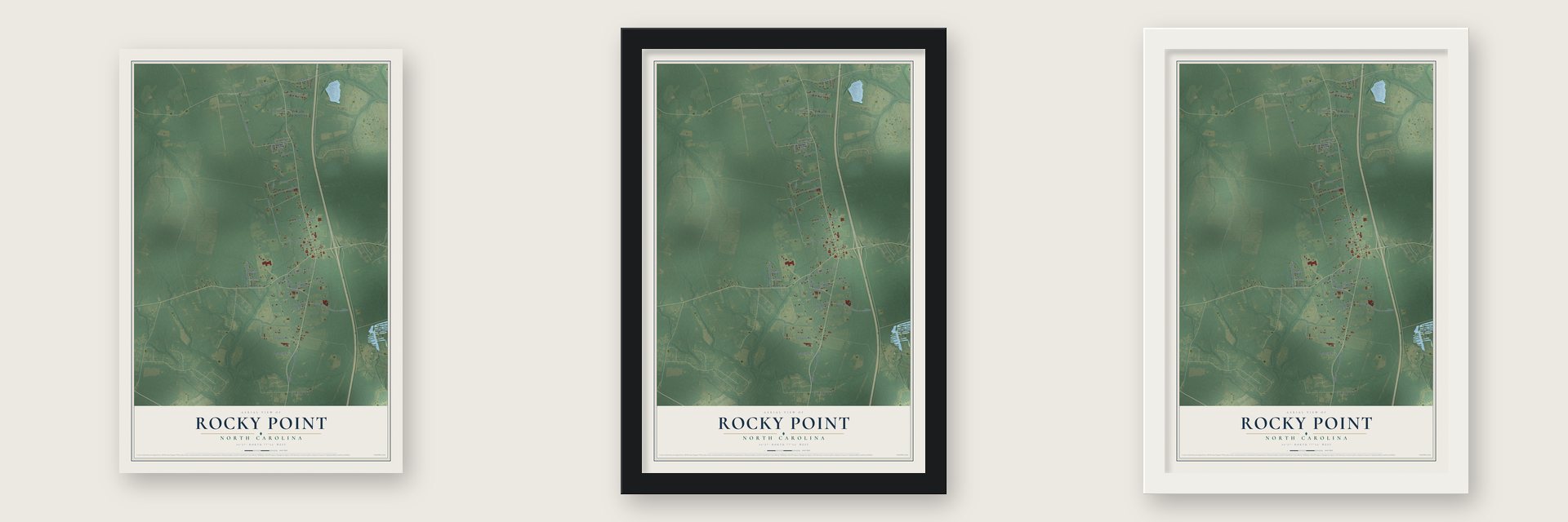 Rocky Point, North Carolina map unframed, in a black wood frame and in a white wood frame