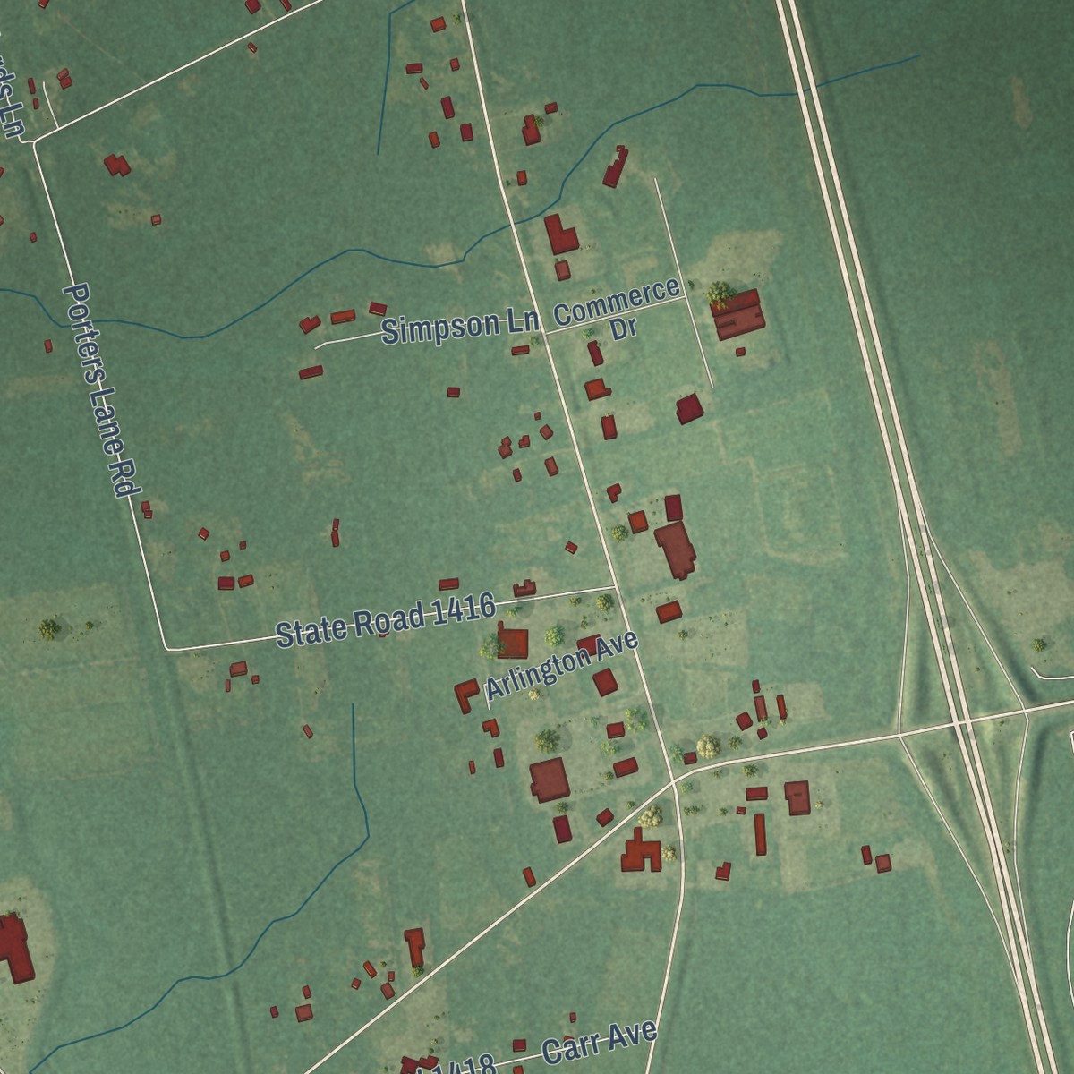 Second close-up of the map of Rocky Point, North Carolina print showing more streets and buildings