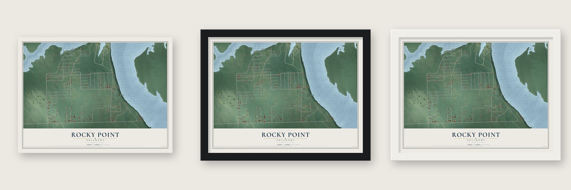Rocky Point, Oklahoma map unframed, in a black wood frame and in a white wood frame