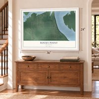 Rocky Point, Oklahoma map, 24 x 36 inch print in a white frame above a dresser by a staircase