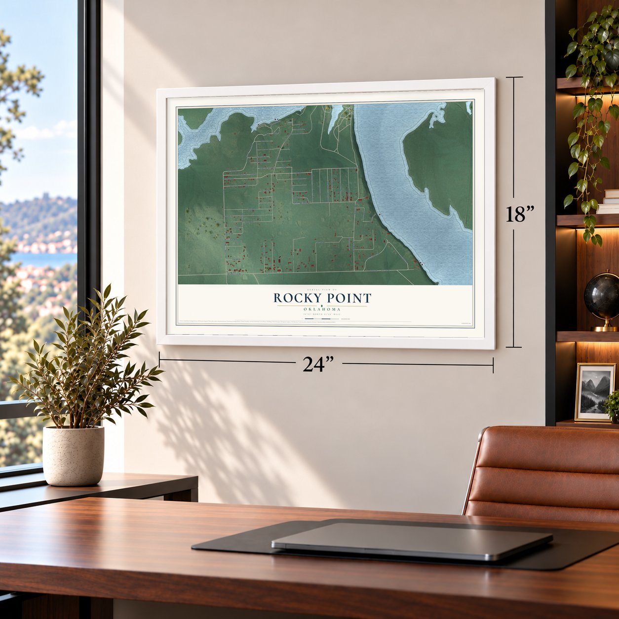 Rocky Point, Oklahoma map, 18 x 24 inch print in a white frame in a home office