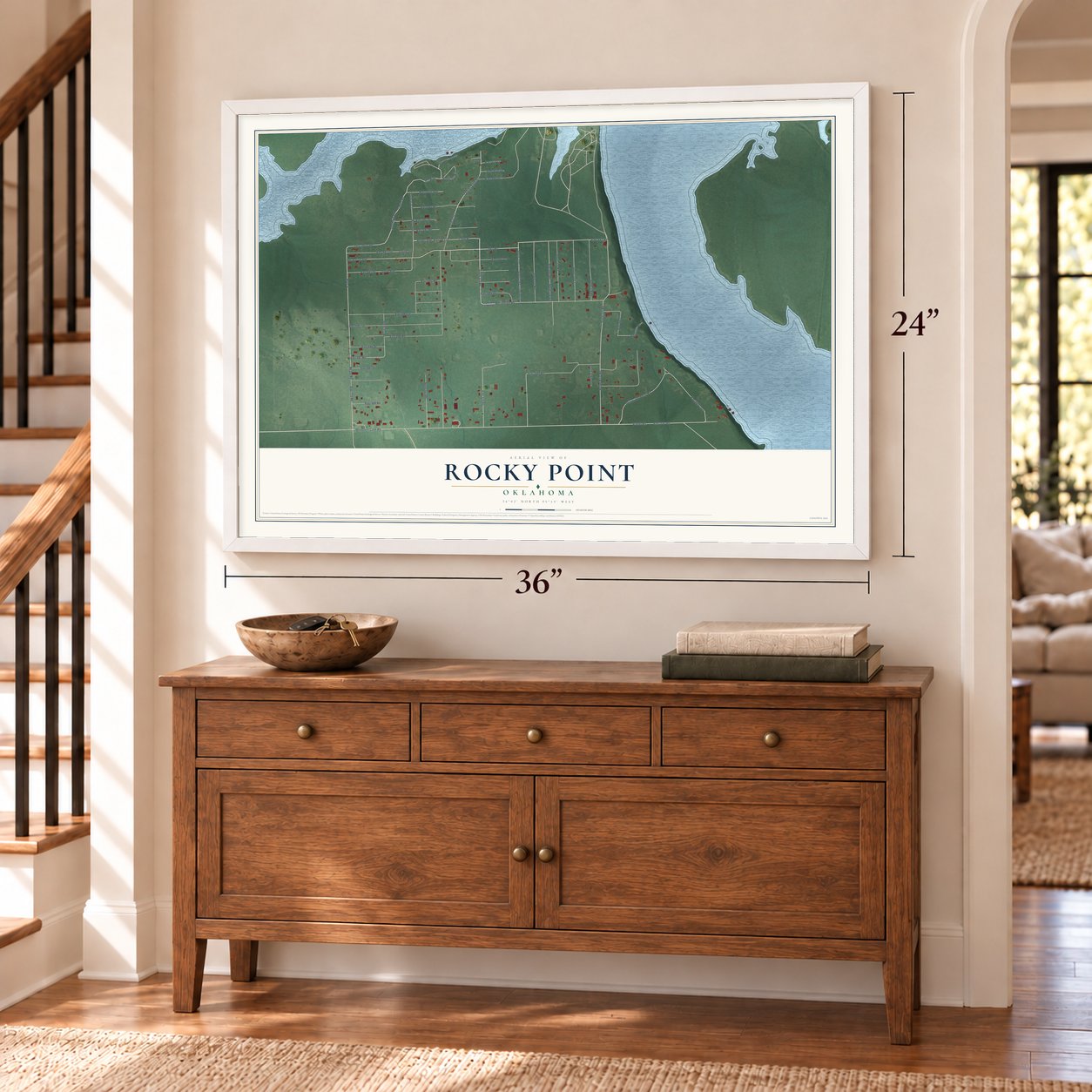 Rocky Point, Oklahoma map, 24 x 36 inch print in a white frame above a dresser by a staircase