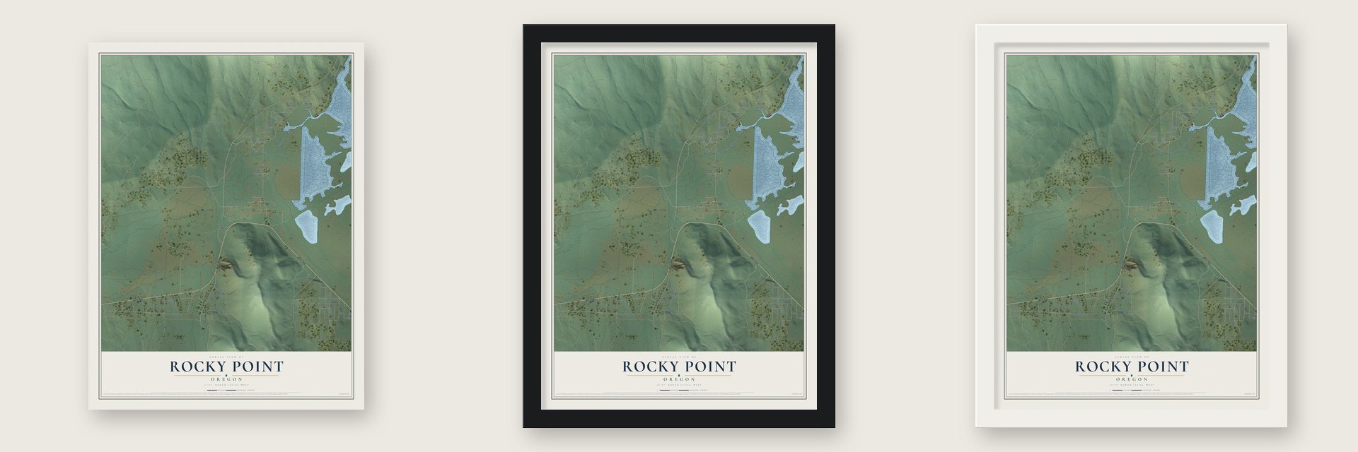 Rocky Point, Oregon map unframed, in a black wood frame and in a white wood frame