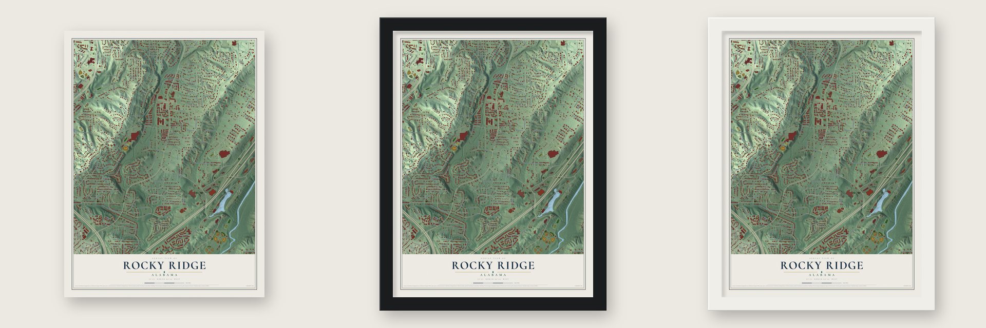 Rocky Ridge, Alabama map unframed, in a black wood frame and in a white wood frame