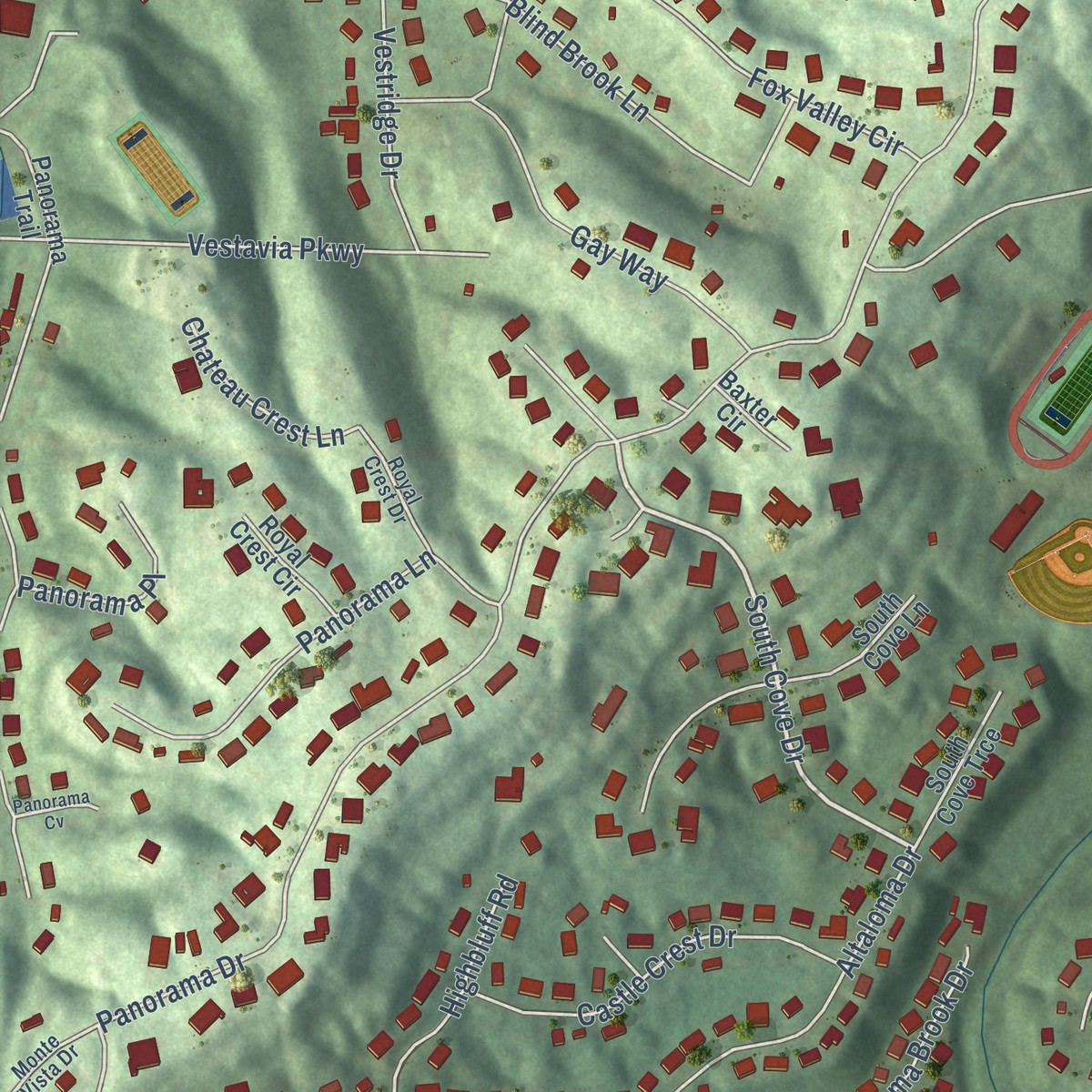 Second close-up of the map of Rocky Ridge, Alabama print showing more streets and buildings