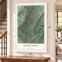 Rocky Ridge, Alabama map, 24 x 36 inch print in a white frame by a staircase