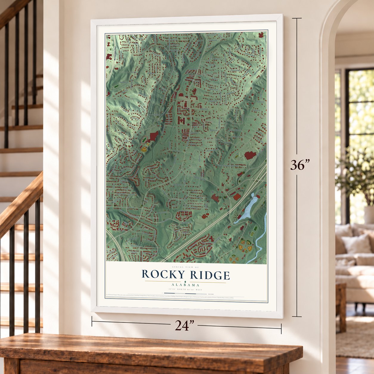 Rocky Ridge, Alabama map, 24 x 36 inch print in a white frame by a staircase