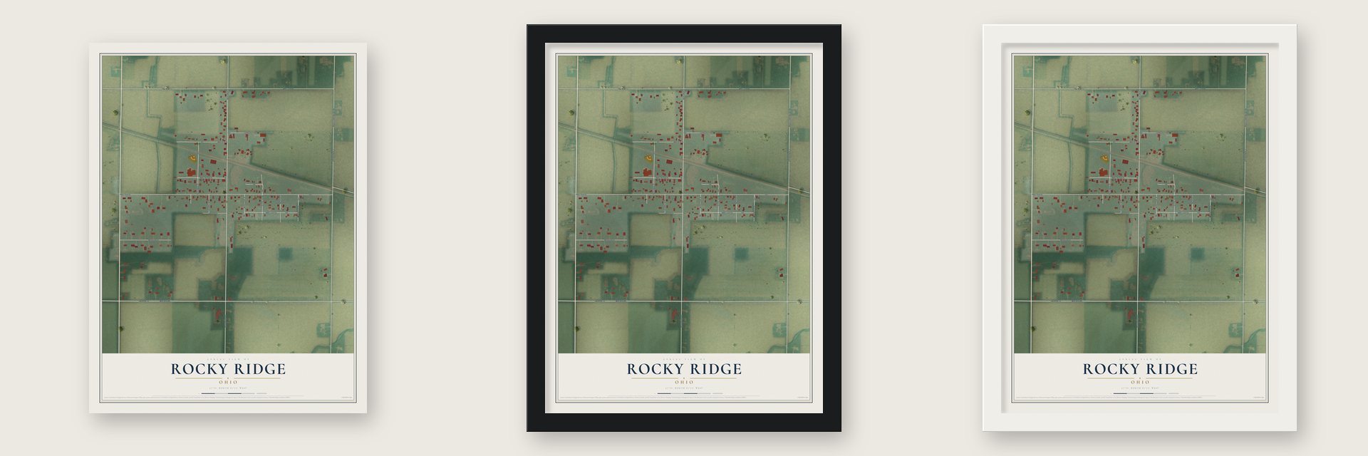 Rocky Ridge, Ohio map unframed, in a black wood frame and in a white wood frame