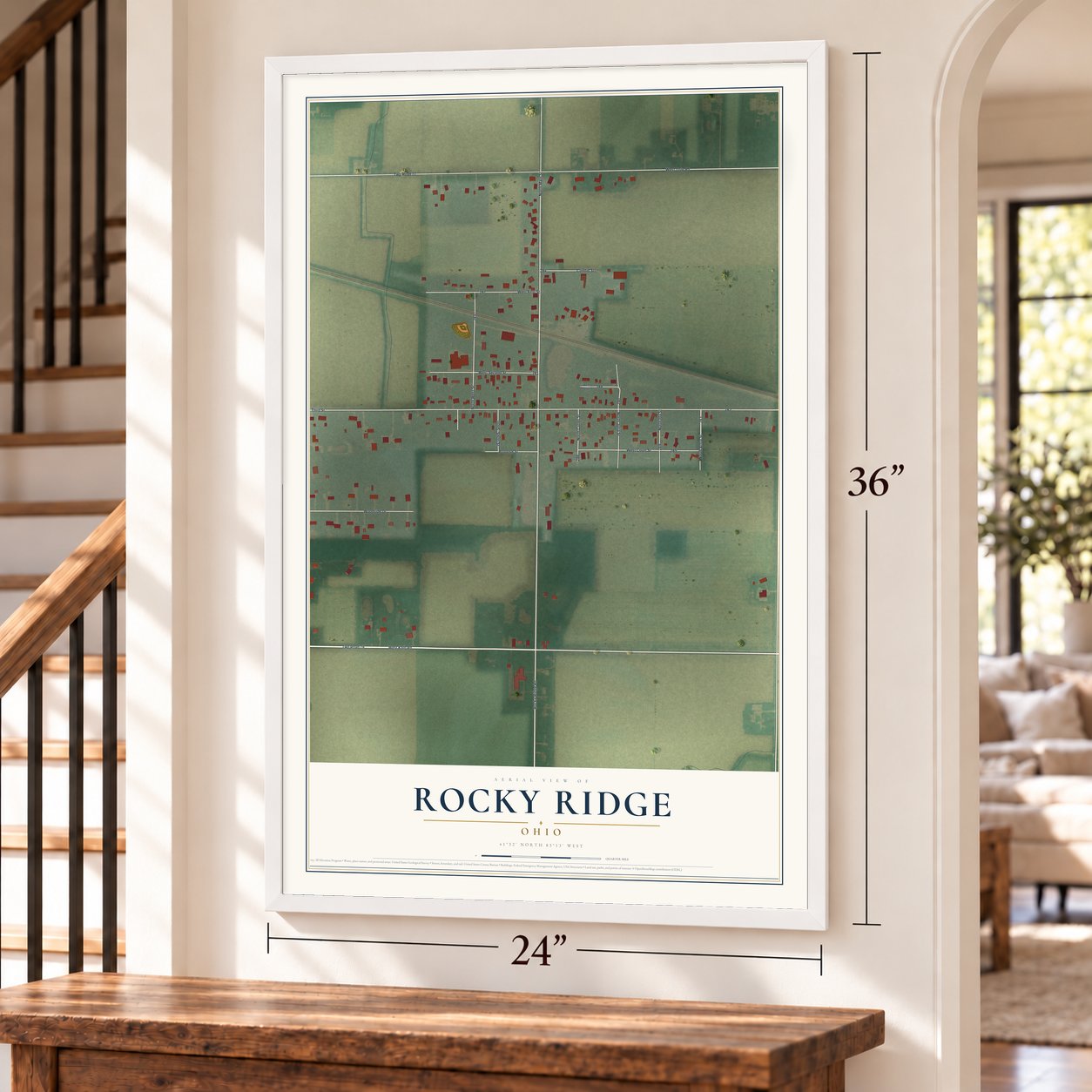 Rocky Ridge, Ohio map, 24 x 36 inch print in a white frame by a staircase