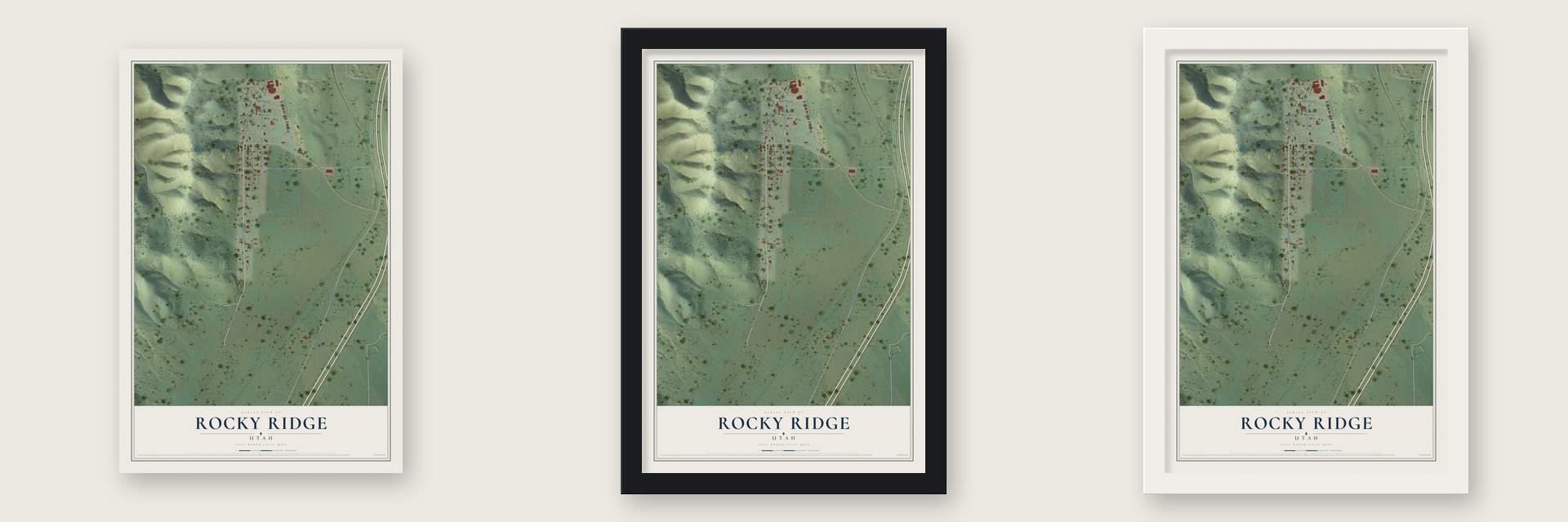 Rocky Ridge, Utah map unframed, in a black wood frame and in a white wood frame