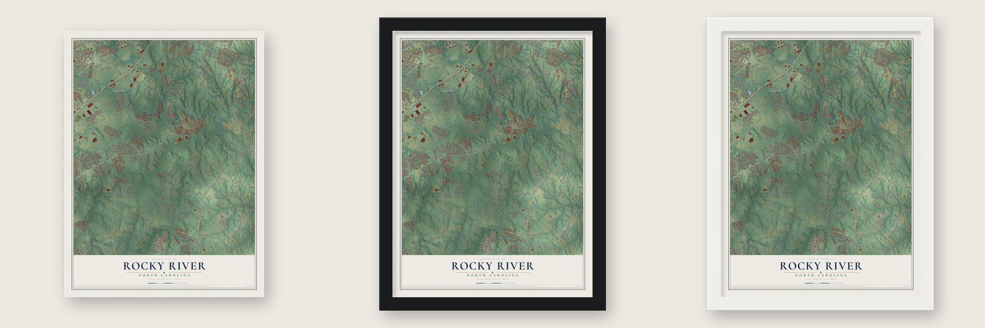 Rocky River, North Carolina map unframed, in a black wood frame and in a white wood frame