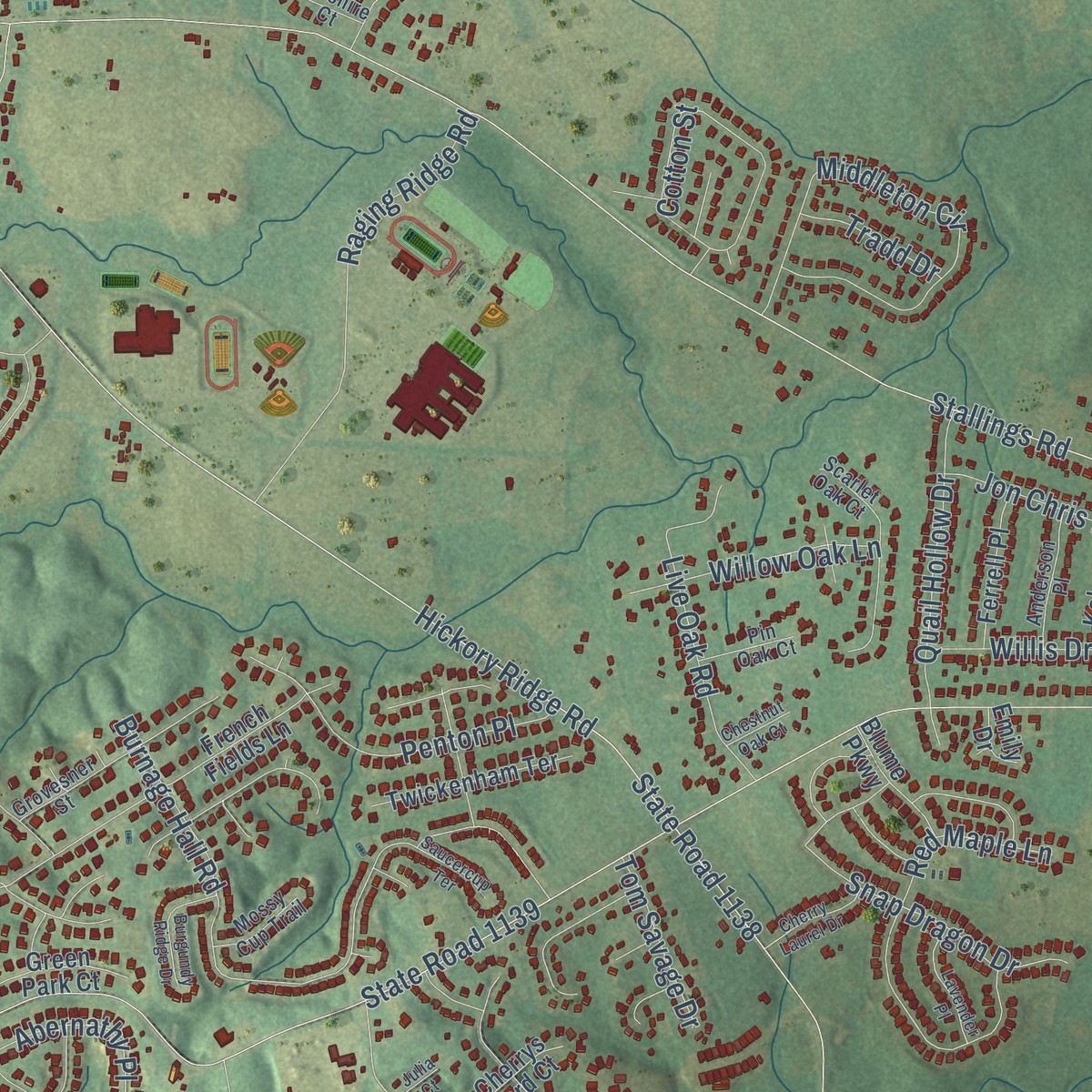 Second close-up of the map of Rocky River, North Carolina print showing more streets and buildings