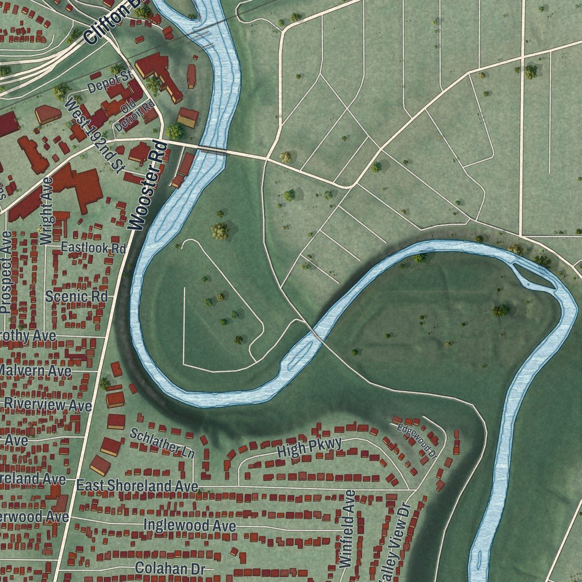 Second close-up of the map of Rocky River, Ohio print showing more streets and buildings