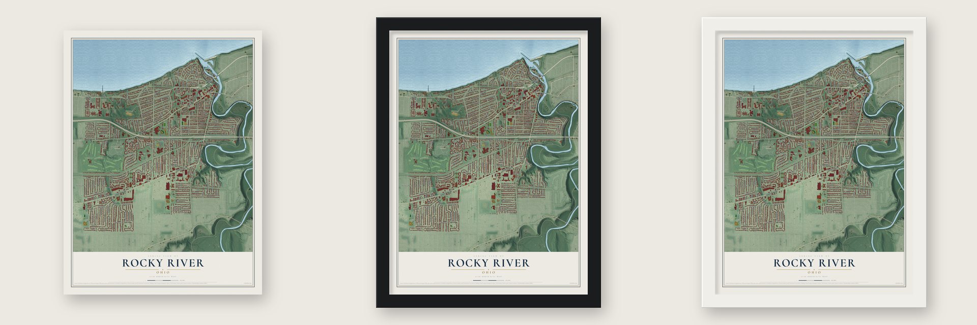 Rocky River, Ohio map unframed, in a black wood frame and in a white wood frame