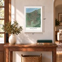 Rocky River, Ohio map, 12 x 18 inch print in a white frame in an entryway