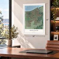 Rocky River, Ohio map, 18 x 24 inch print in a white frame in a home office