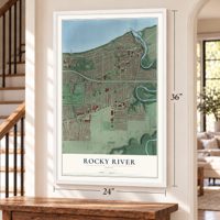 Rocky River, Ohio map, 24 x 36 inch print in a white frame by a staircase