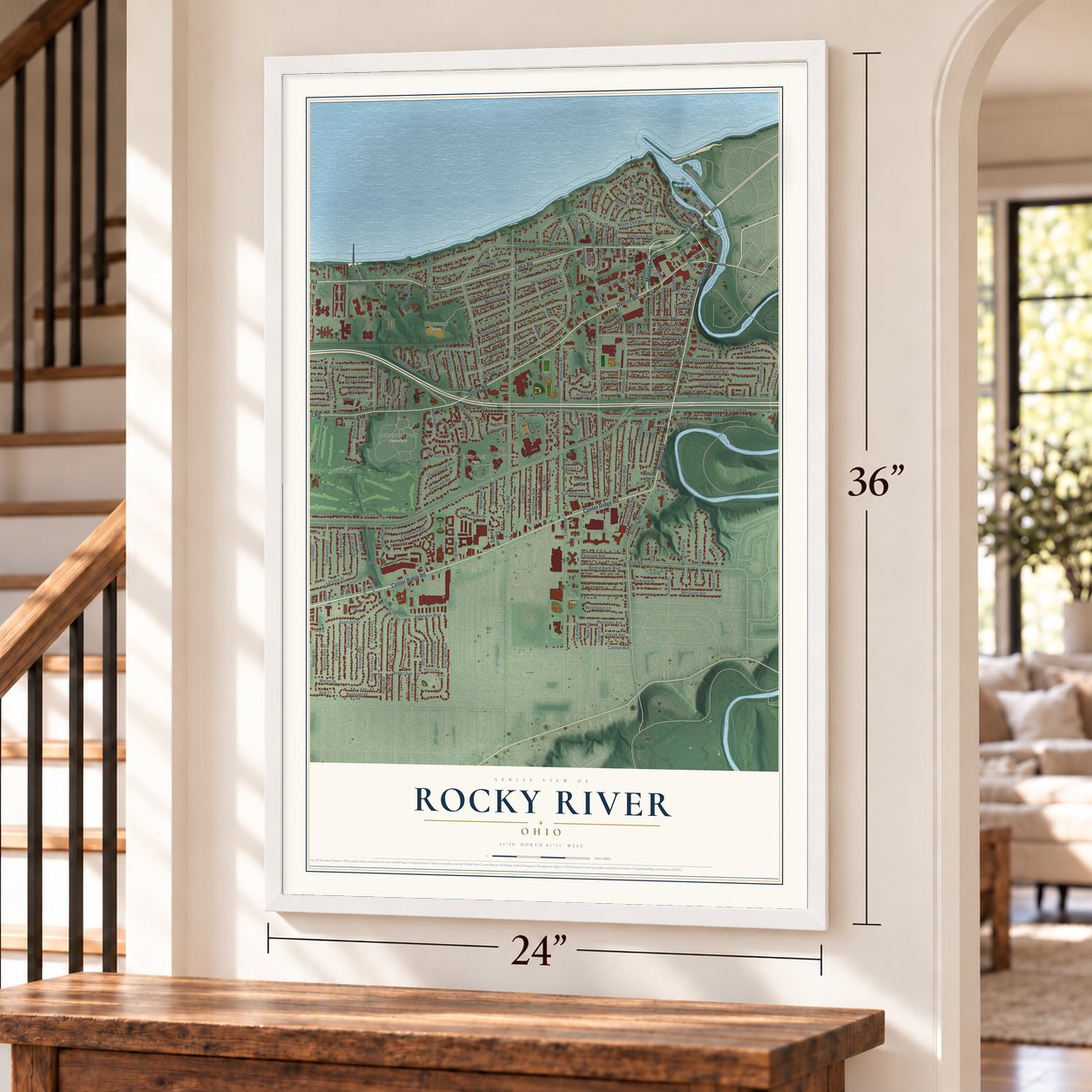 Rocky River, Ohio map, 24 x 36 inch print in a white frame by a staircase
