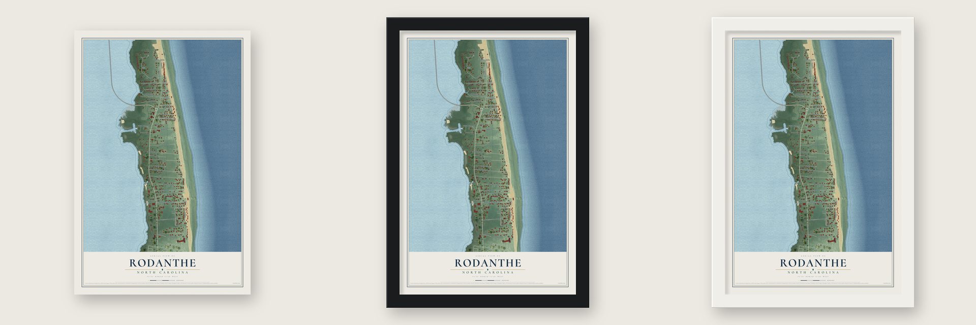 Rodanthe, North Carolina map unframed, in a black wood frame and in a white wood frame