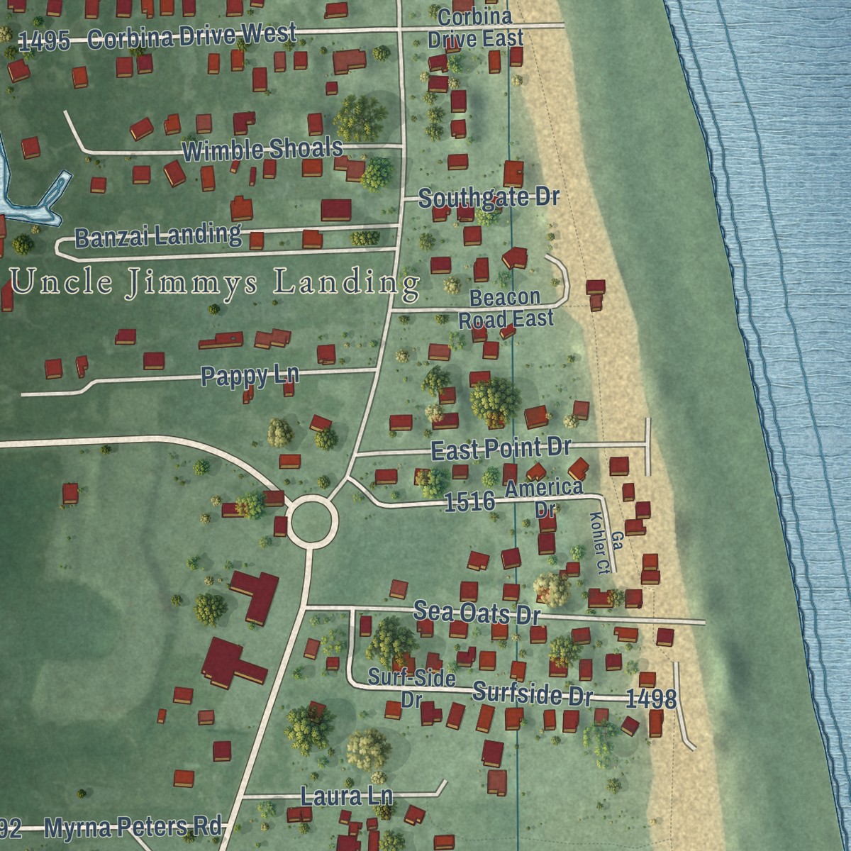 Second close-up of the map of Rodanthe, North Carolina print showing more streets and buildings