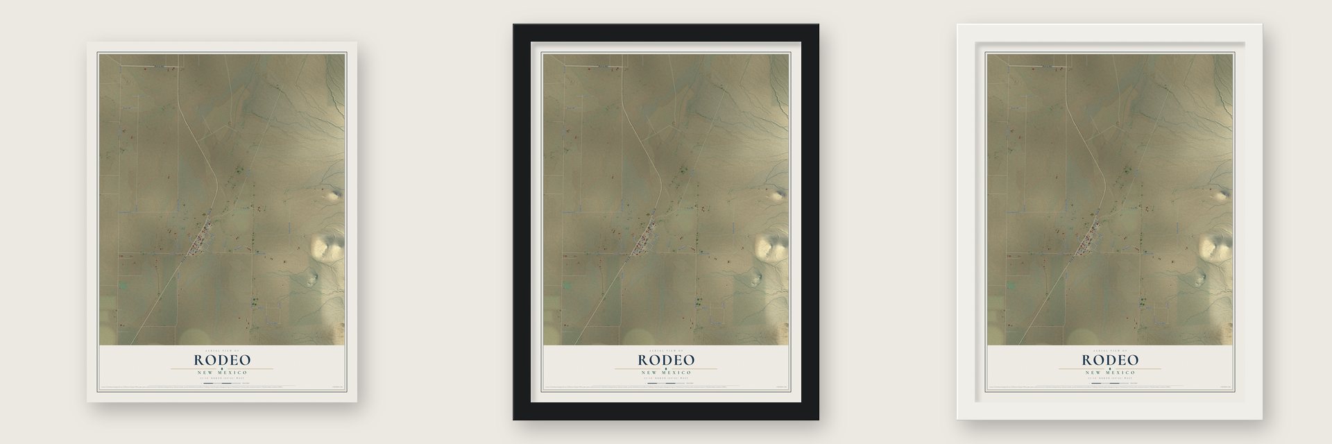 Rodeo, New Mexico map unframed, in a black wood frame and in a white wood frame