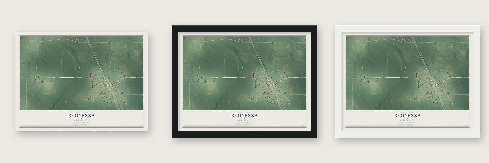 Rodessa, Louisiana map unframed, in a black wood frame and in a white wood frame