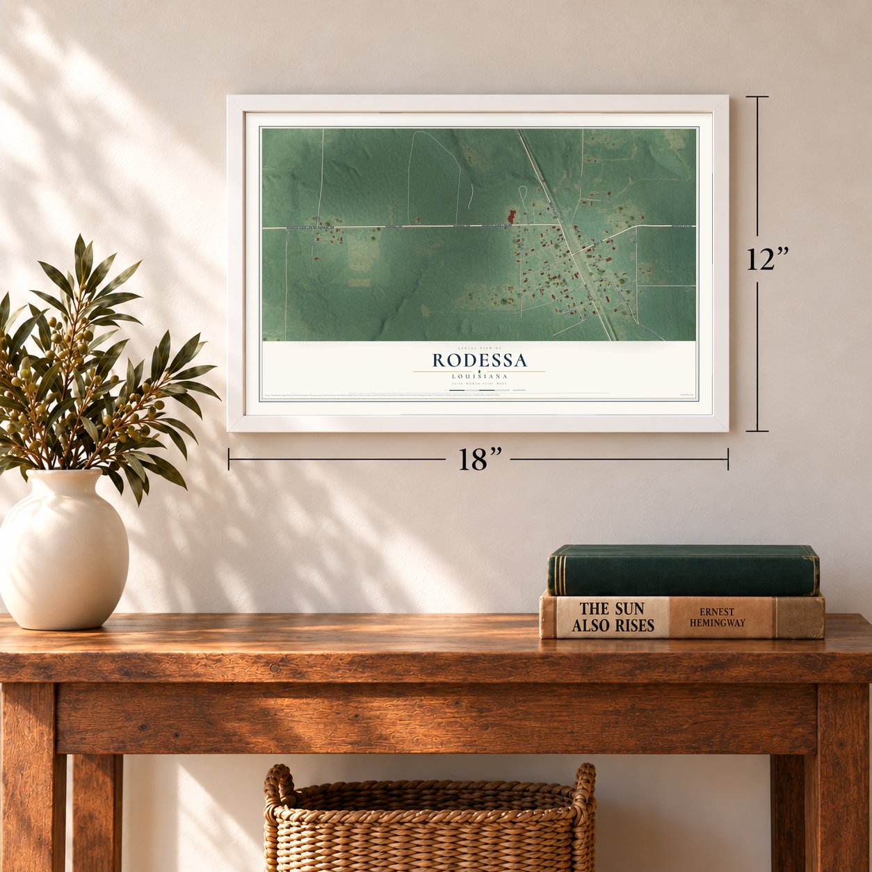 Rodessa, Louisiana map, 12 x 18 inch print in a white frame in an entryway