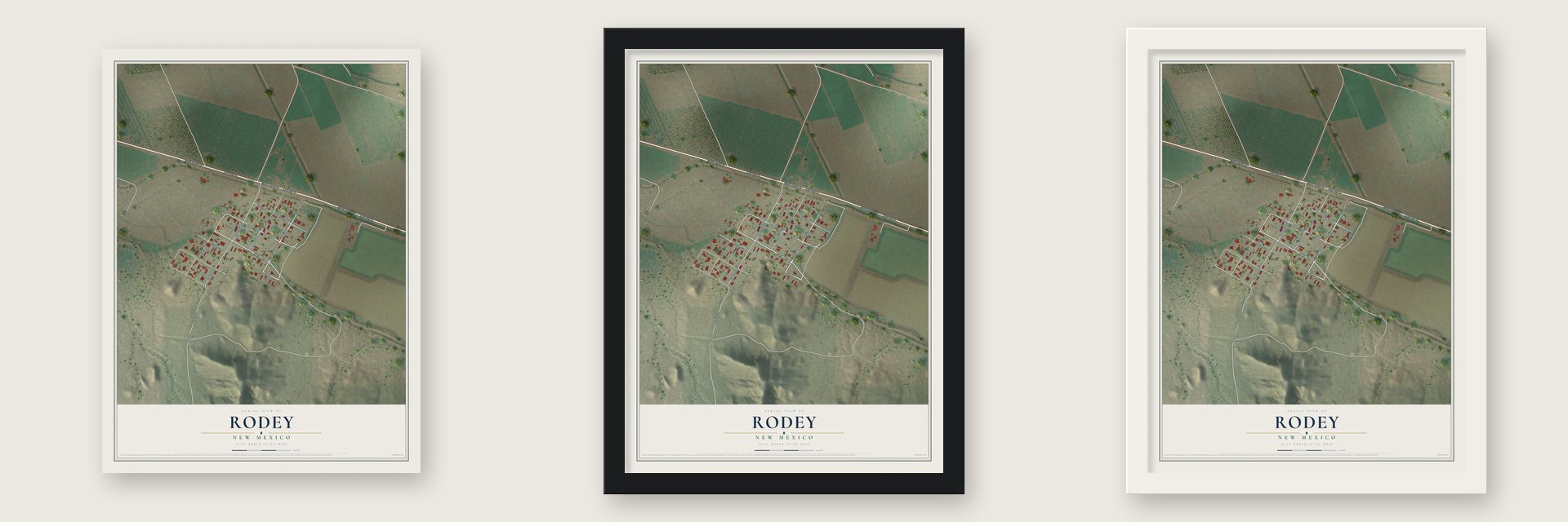 Rodey, New Mexico map unframed, in a black wood frame and in a white wood frame