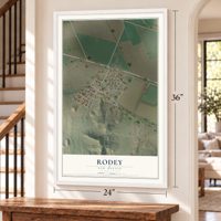 Rodey, New Mexico map, 24 x 36 inch print in a white frame by a staircase