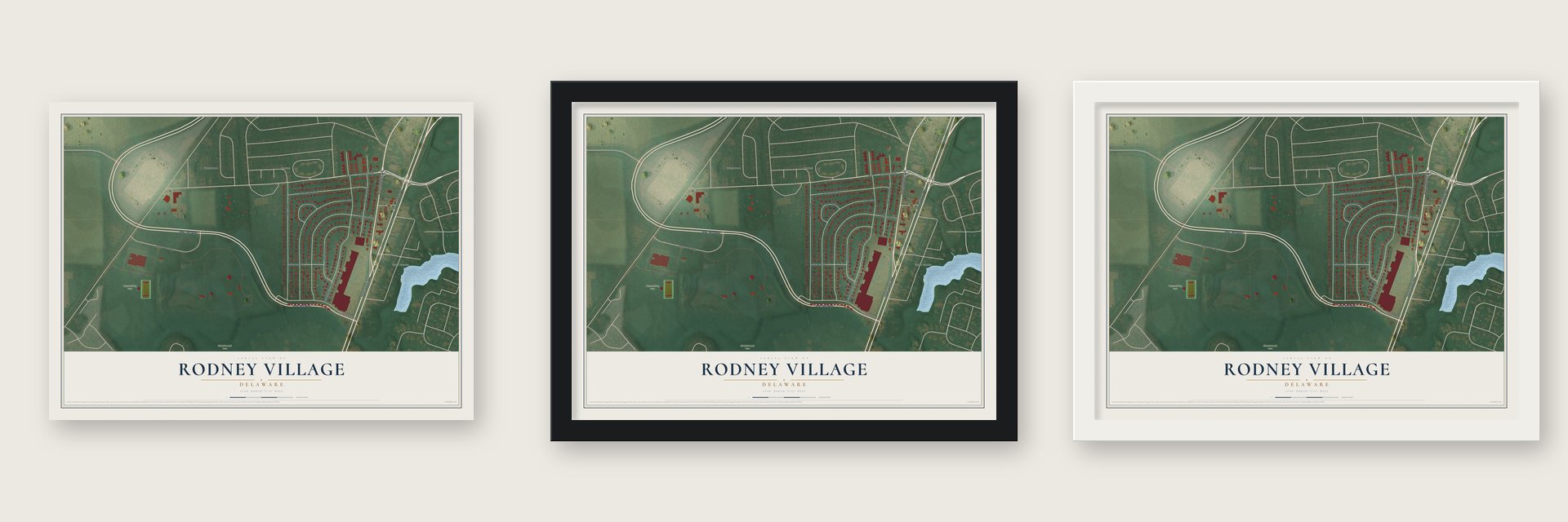 Rodney Village, Delaware map unframed, in a black wood frame and in a white wood frame