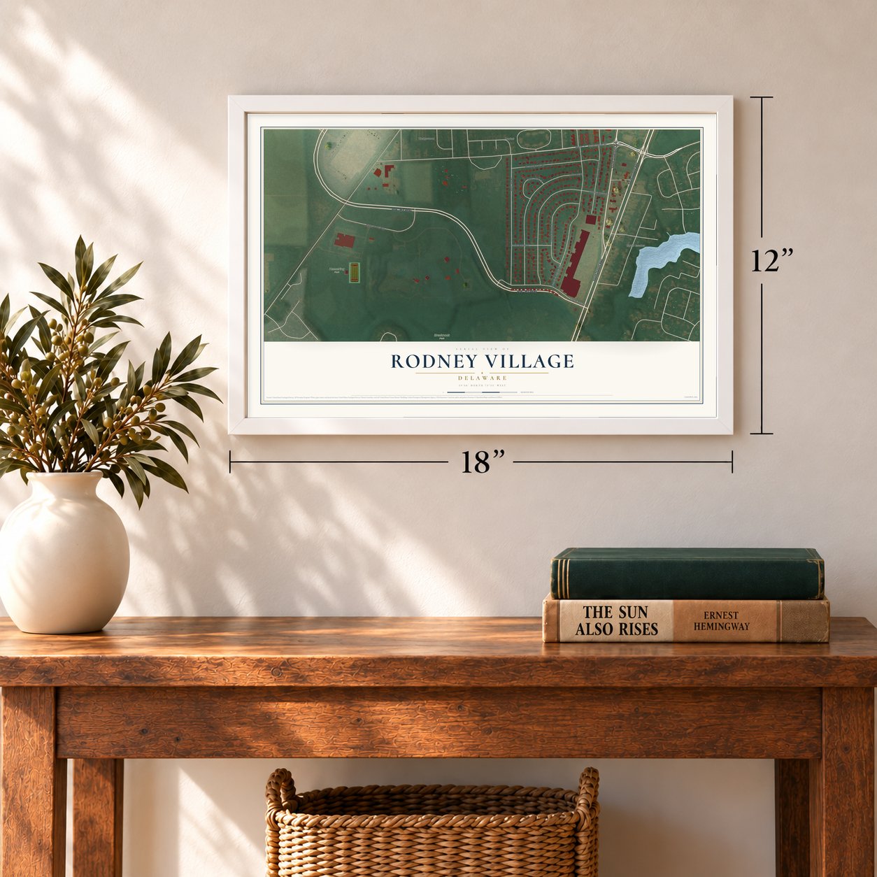 Rodney Village, Delaware map, 12 x 18 inch print in a white frame in an entryway