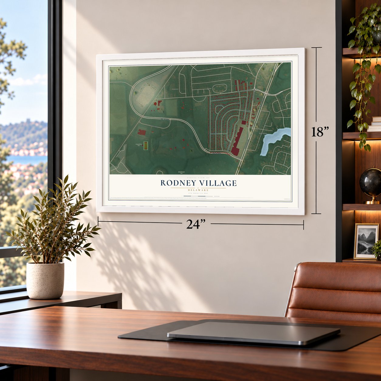 Rodney Village, Delaware map, 18 x 24 inch print in a white frame in a home office