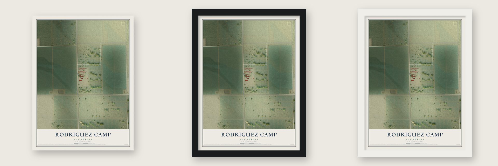 Rodriguez Camp, California map unframed, in a black wood frame and in a white wood frame