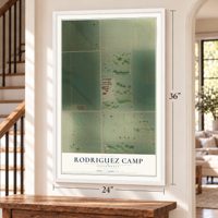 Rodriguez Camp, California map, 24 x 36 inch print in a white frame by a staircase