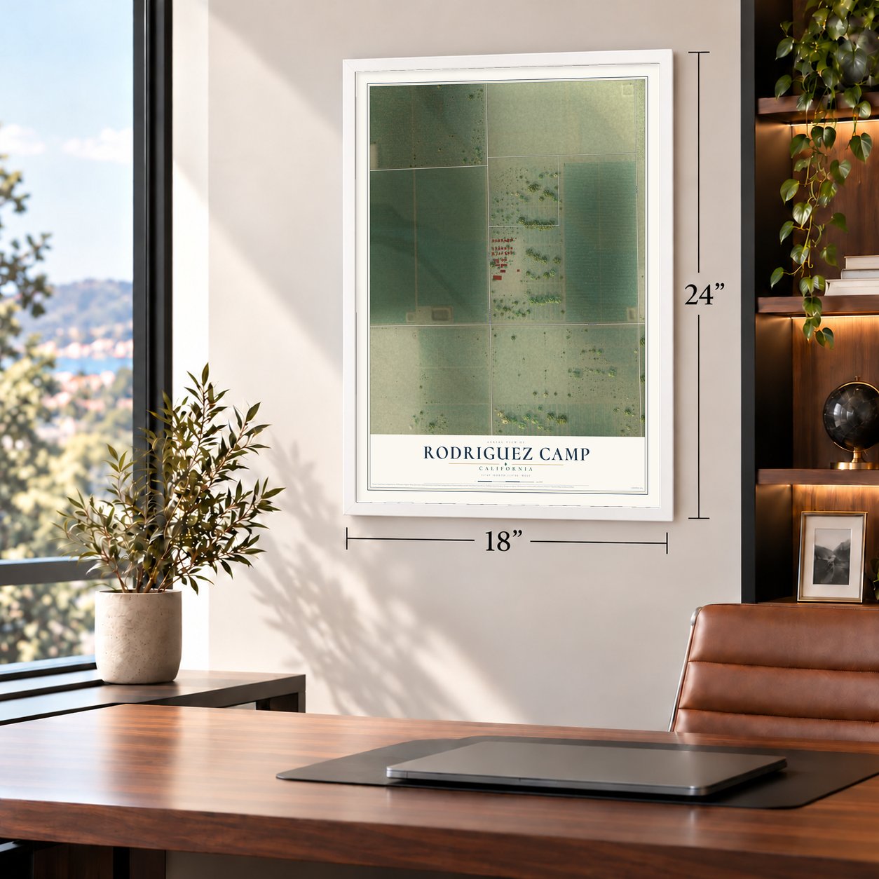 Rodriguez Camp, California map, 18 x 24 inch print in a white frame in a home office