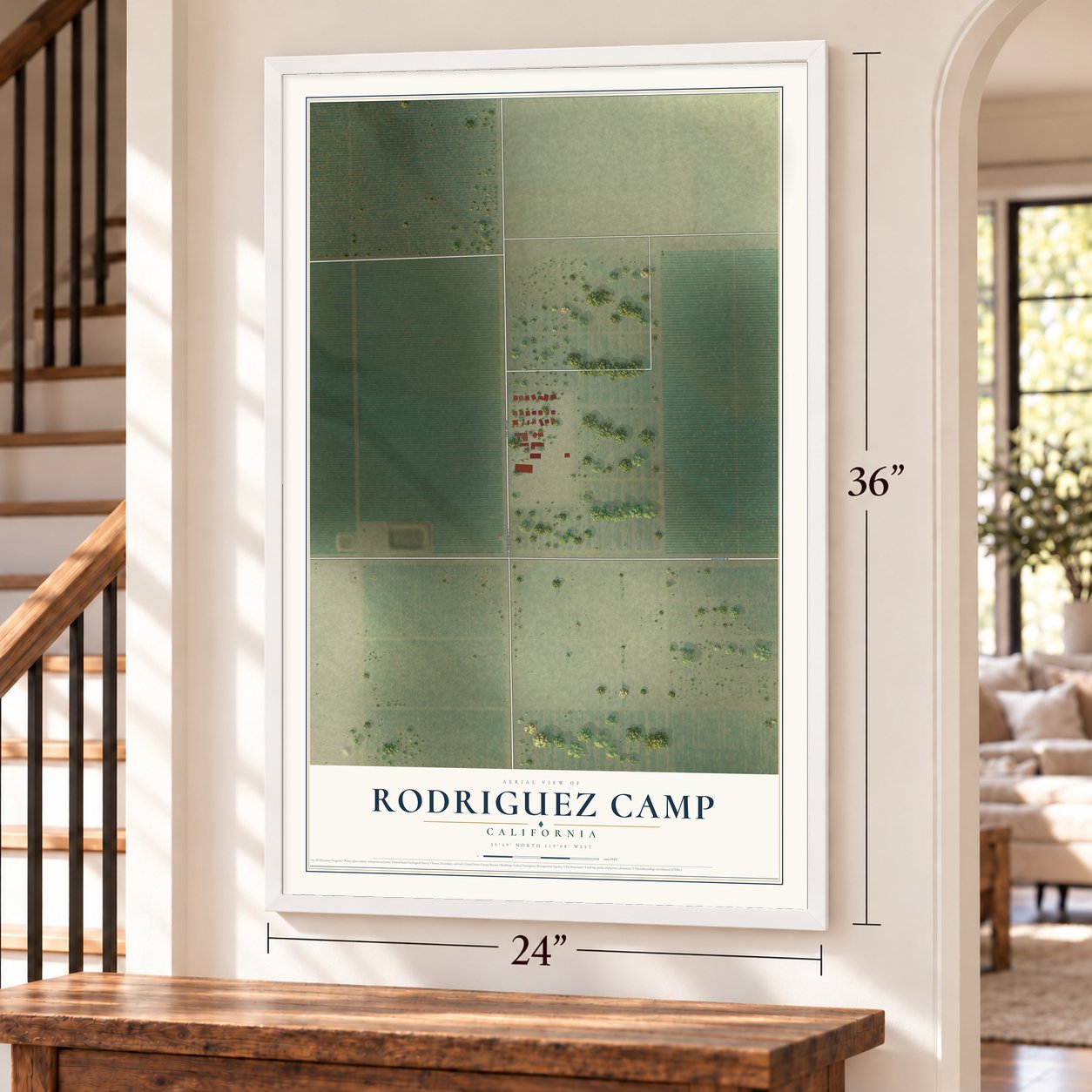 Rodriguez Camp, California map, 24 x 36 inch print in a white frame by a staircase