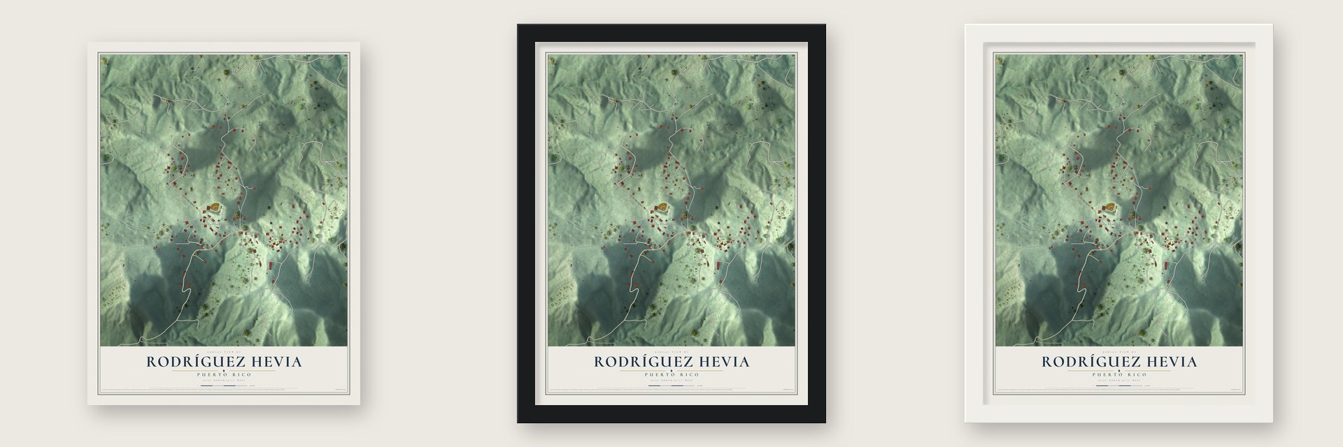 Rodríguez Hevia, Puerto Rico map unframed, in a black wood frame and in a white wood frame