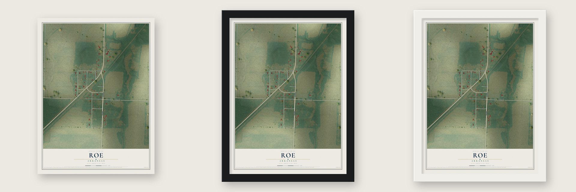 Roe, Arkansas map unframed, in a black wood frame and in a white wood frame