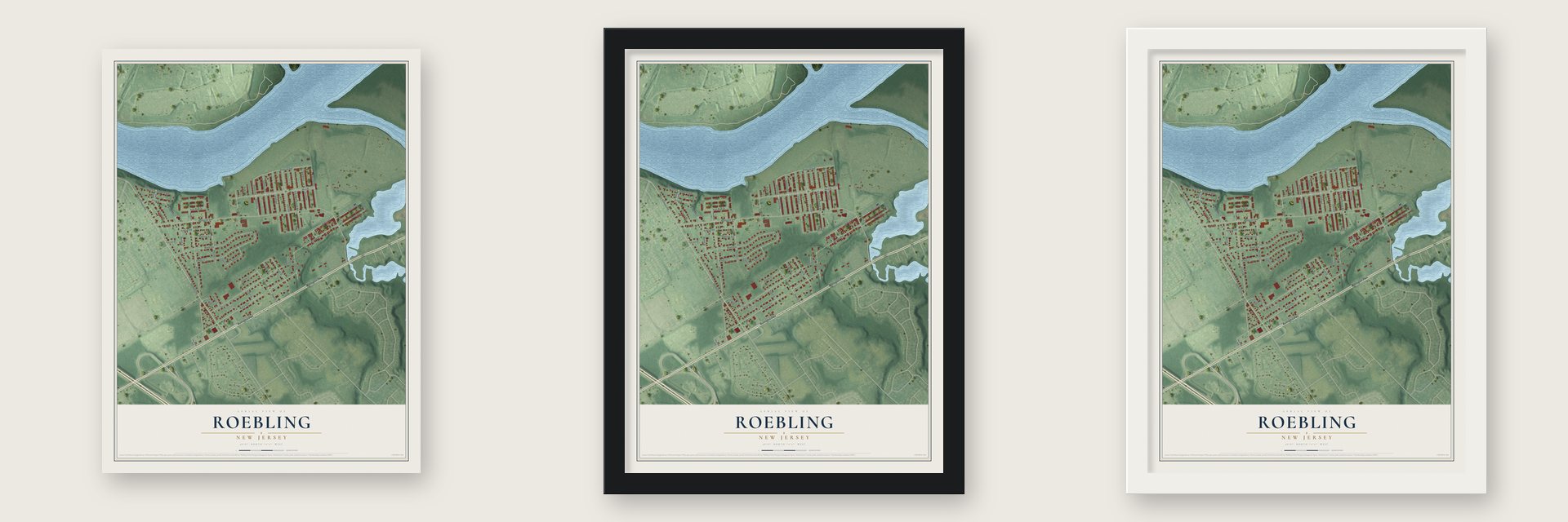 Roebling, New Jersey map unframed, in a black wood frame and in a white wood frame