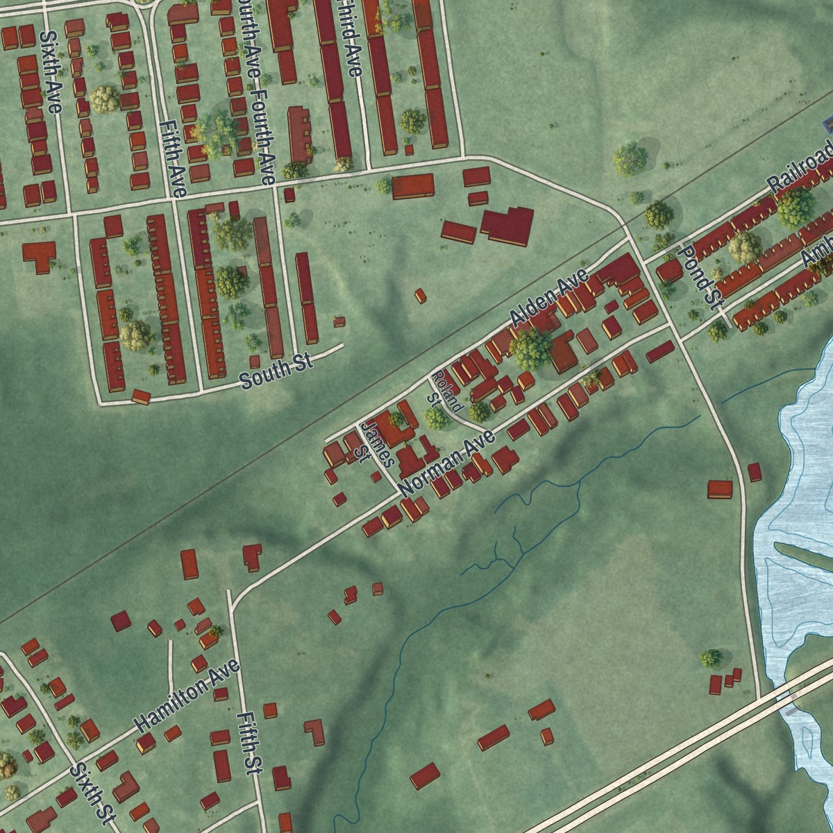 Second close-up of the map of Roebling, New Jersey print showing more streets and buildings