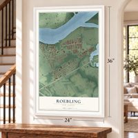 Roebling, New Jersey map, 24 x 36 inch print in a white frame by a staircase