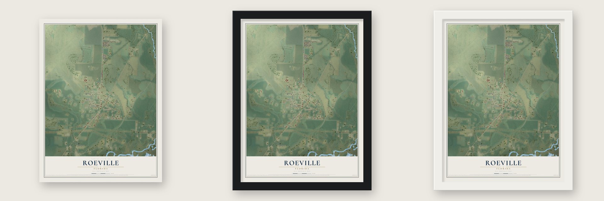 Roeville, Florida map unframed, in a black wood frame and in a white wood frame