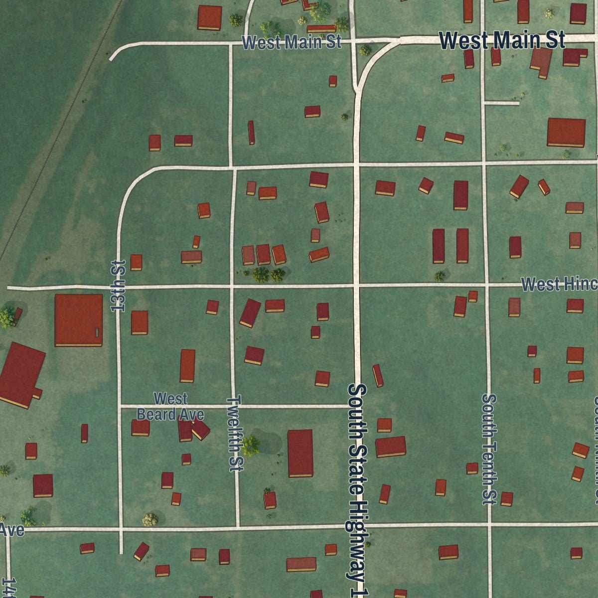 Second close-up of the map of Roff, Oklahoma print showing more streets and buildings