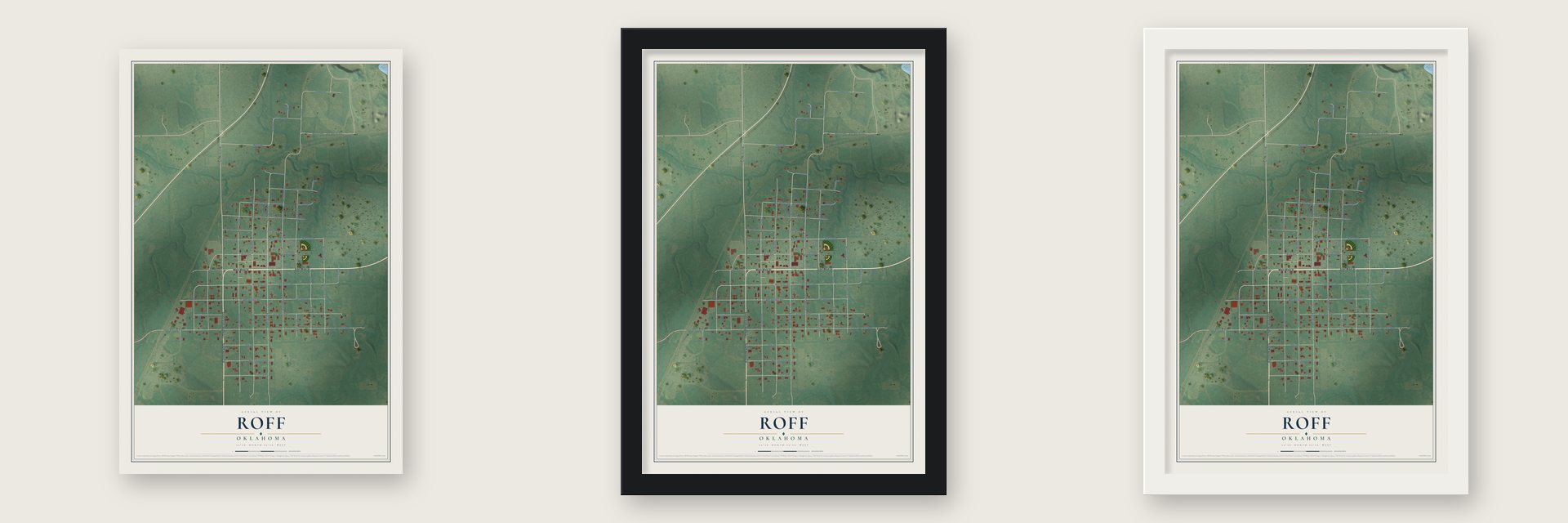 Roff, Oklahoma map unframed, in a black wood frame and in a white wood frame