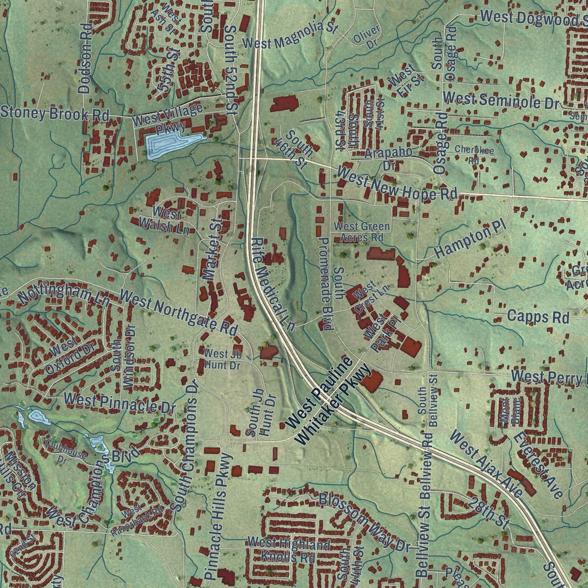 Second close-up of the map of Rogers, Arkansas print showing more streets and buildings